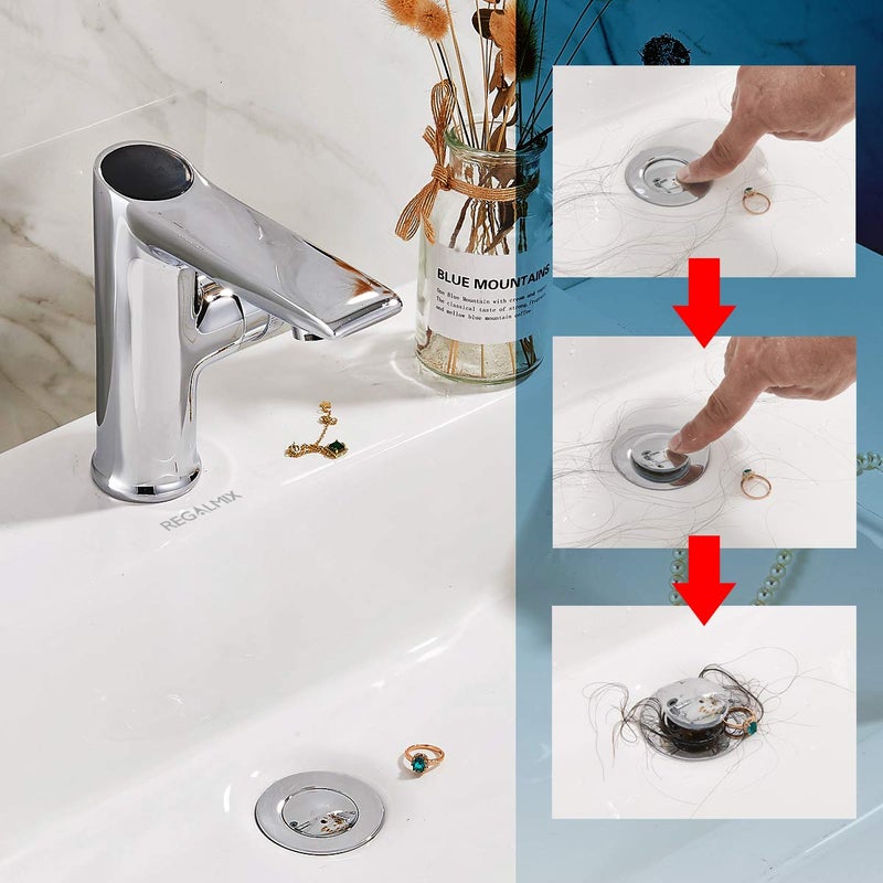 REGALMIX Pop Up Drain, Bathroom Faucet Vessel Vanity Sink Drain Stopper, Built-in Anti-Clogging Strainer, Polished Chrome Without Overflow,Fits Standard American Drain Hole(1-1/2" to 1-3/4") R085A-CP - Image 3